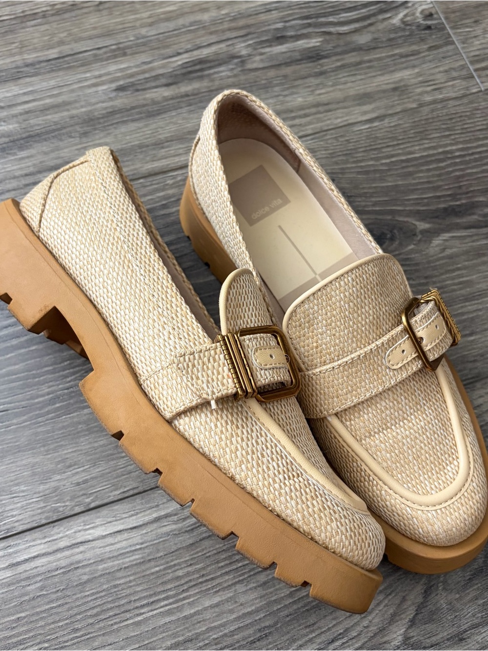 Dolce Vita Beige Woven Buckle Platform Loafers